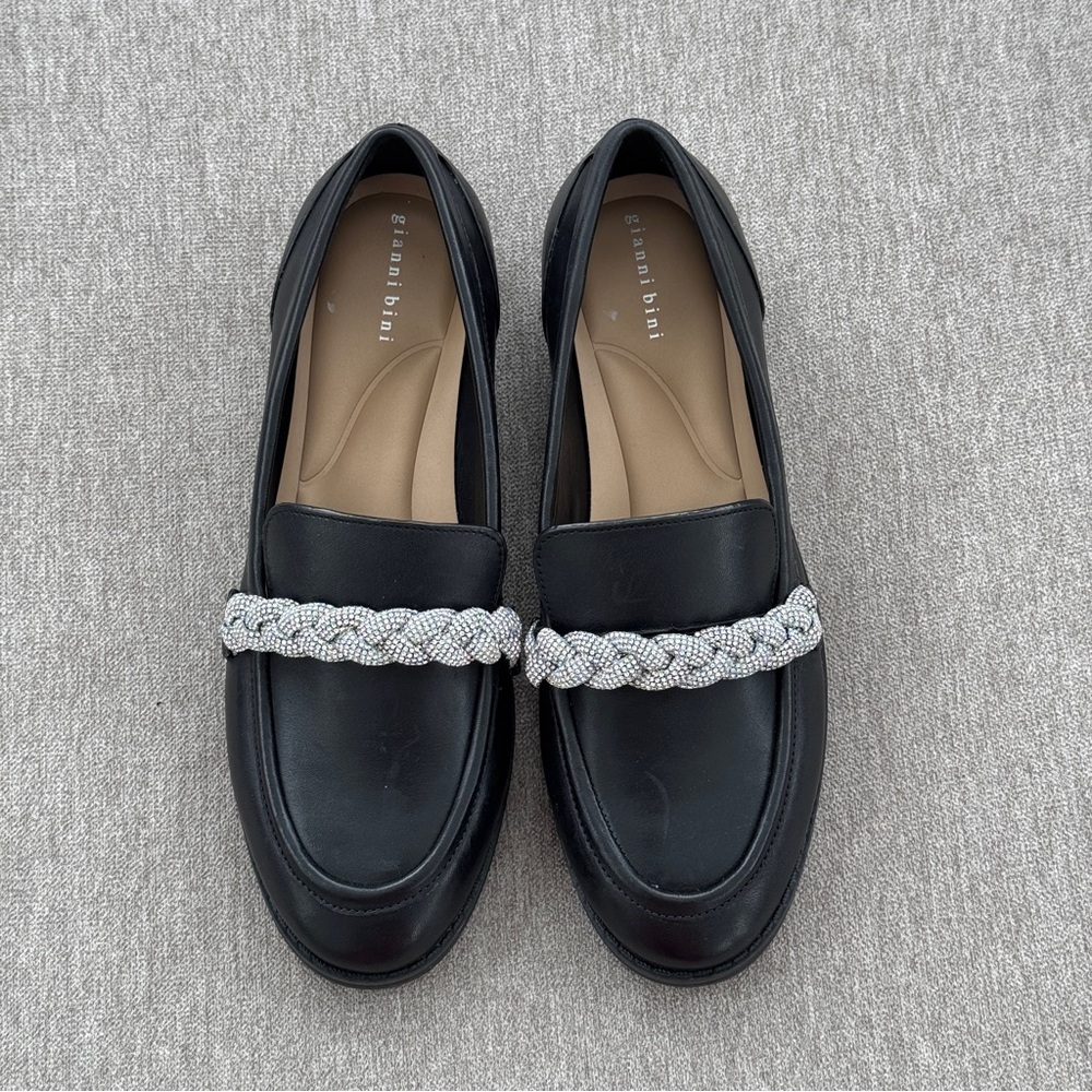 Gianni Bini Bristow Blacl Leather Rhinestone‎ Braid Loafer 6 New